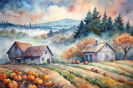 A weathered farmhouse stands majestically in a field of golden pumpkins, its wooden structure a testament to time and nature's embrace. The late afternoon sun casts a warm glow upon the scene, painting the sky with hues of orange and pink, while a gentle mist hangs in the air, adding a touch of mystery and tranquility. A winding path leads the eye towards the distant horizon, promising a journey into the heart of the countryside.