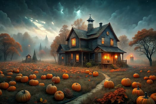 A pair of rustic homes stand side-by-side, bathed in the warm glow of twilight, nestled amidst a sprawling field of pumpkins. The sky is painted in hues of orange and purple, as clouds drift majestically overhead, casting long shadows across the landscape.