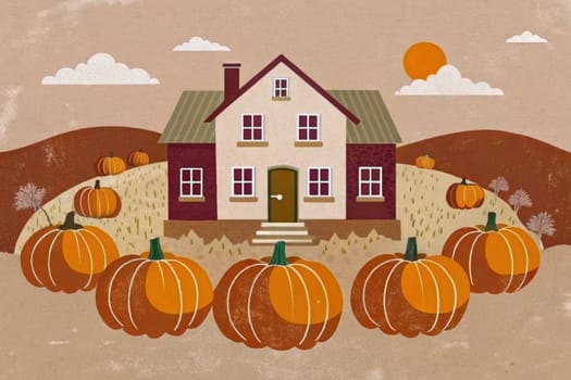 A stylized illustration depicting a quaint farmhouse nestled in a field of plump pumpkins. The warm hues of fall foliage and a bright orange sun create a cozy atmosphere.