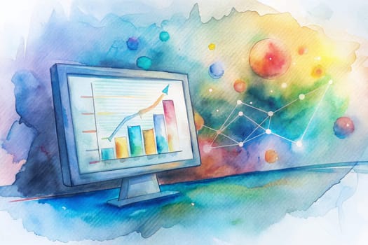 A watercolor painting depicts a computer monitor displaying a bar chart and line graph, surrounded by a swirling blue cosmos with colorful orbs. The soft colors and whimsical design create a serene and dreamlike atmosphere, suggesting a connection between data and imagination.