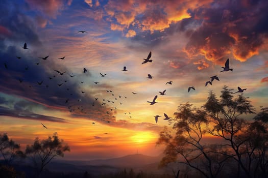A flock of birds flies through a vibrant, colorful sunset sky, creating a striking silhouette against the backdrop of orange, pink, and purple clouds. A lone tree stands in the foreground, framing the scene and providing a sense of peace and tranquility.