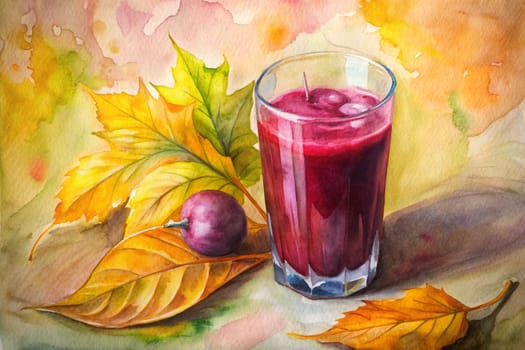 A glass of fresh beetroot juice sits on a table surrounded by vibrant yellow and red autumn leaves, creating a scene of warmth and autumnal beauty. A single beetroot with its leafy stem adds a touch of color to the still life, suggesting a harvest season just passed.