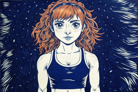 A hand-drawn illustration depicting a female boxer in a green tank top and pink shorts, standing with a fierce gaze in a dark, starlit setting. The illustration captures the intensity and determination of the fighter, emphasizing her strength and resilience.