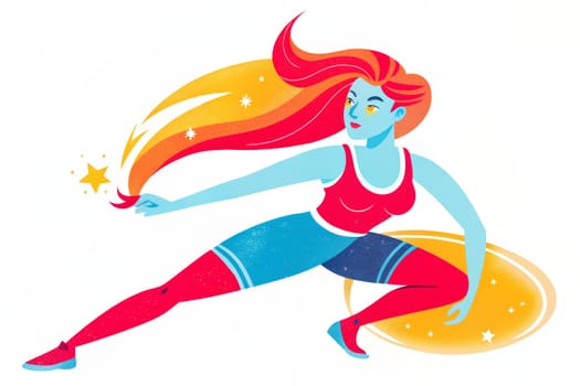 This illustration depicts a woman with bright red hair in a blue tank top and black leggings performing a dynamic stretch with her right leg extended forward and her left leg bent behind her. A starry sky pattern is depicted in the background.