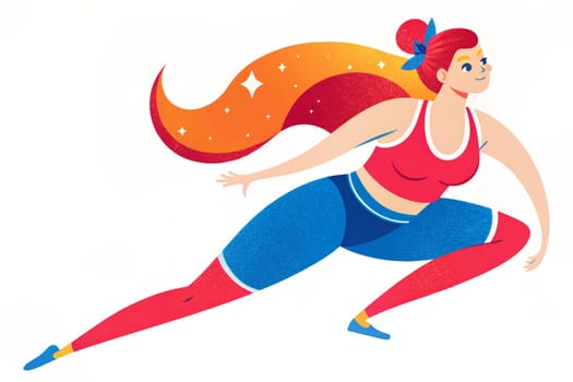 An illustration of a woman with long, flowing red hair wearing a red and blue workout outfit, stretching in a lunge pose, with a smile on her face.