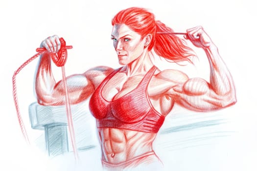 A digital illustration of a woman with fiery red hair lifting a weight. Her muscles are drawn with meticulous detail, emphasizing her strength and determination. The red tones throughout the artwork add a vibrant energy and symbolize the passion she brings to her training.