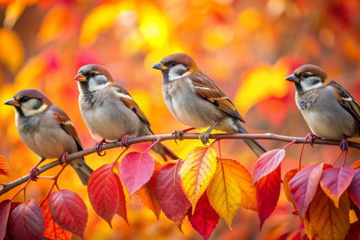 This vibrant painting depicts two sparrows perched on a branch amidst a backdrop of colorful autumn leaves. The birds are rendered in intricate detail, with their plumage showcasing a range of browns, yellows, and blues. The leaves are also richly painted, with shades of yellow, orange, and red dominating the composition.