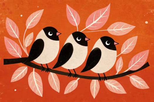 An illustration of three stylized birds perched on a branch with pink leaves against a bright orange background. The birds are white and black, with large eyes and rounded bodies. The leaves are delicate and whimsical, adding to the overall cheerful and playful mood of the artwork.