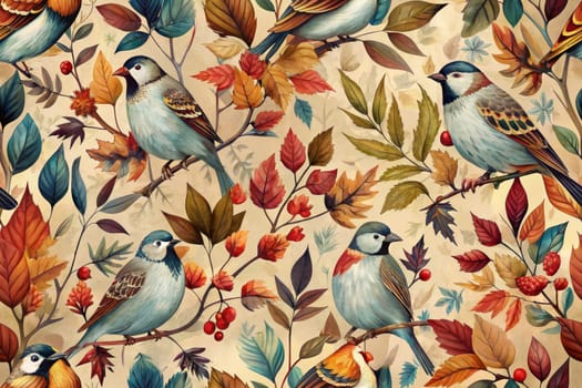 A vibrant digital illustration depicting a lush autumnal landscape with four sparrows perched among the branches, leaves, and berries. The birds, rendered in a detailed and intricate style, are surrounded by vibrant hues of red, orange, and yellow, reflecting the changing colors of the season.