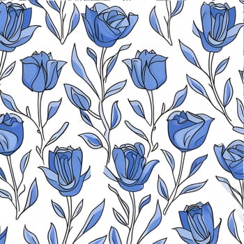A seamless pattern of blue flowers and leaves on a white background