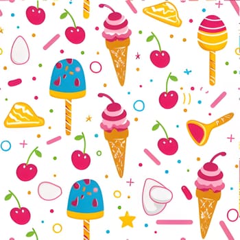 A colorful, playful pattern featuring ice cream cones, cherries, and popsicles on a white background. It's a perfect design for summer!