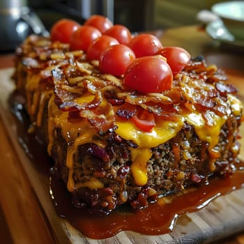 A close-up of a delicious meatloaf with a crispy bacon topping and a drizzle of sauce