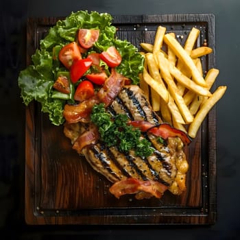 Close-up of a grilled steak with bacon strips, french fries, and a side of salad on a wooden platter.