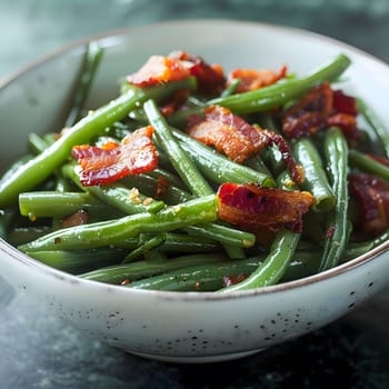 A bowl of green beans and bacon, a simple and delicious meal.