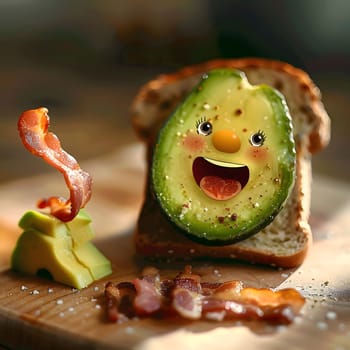 Smiling Avocado Toast is a fun and delicious breakfast or snack. This image features a ripe avocado, sliced and toasted bread, and crispy bacon. The avocado is smiling, making it a cheerful and inviting meal. The image is close-up, focusing on the details of the food and its textures.