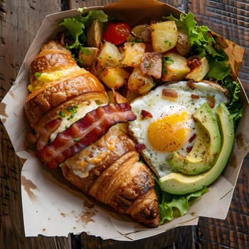 A close-up shot of a delicious breakfast croissant filled with bacon, cheese, and topped with a fried egg and avocado.