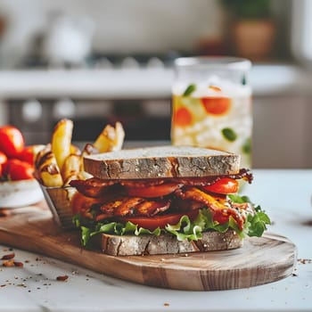 A mouthwatering BLT sandwich is presented on a rustic wooden cutting board. The sandwich features crisp bacon, fresh lettuce, and juicy tomato slices, all nestled between two slices of toasted bread.