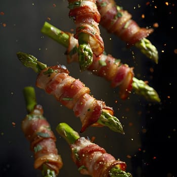 Close-up of bacon-wrapped asparagus spears, with the spears flying through the air. A culinary masterpiece, the bacon is crispy and the asparagus is tender and fresh.