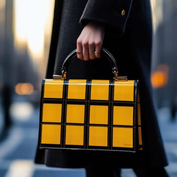 A woman is holding a yellow and black purse with a black strap. The woman is wearing a black coat and is standing on a street. The scene has a modern