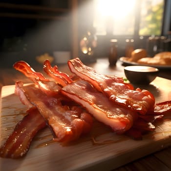 A close-up shot of crispy bacon on a wooden cutting board with a natural light shining through