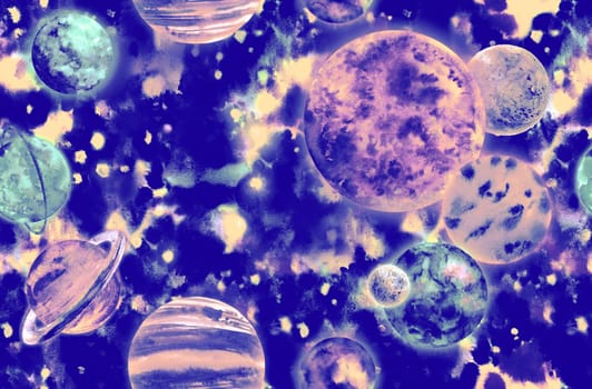 seamless pattern with Realistic solar system in watercolor against a bright starry sky background for textile and surface design
