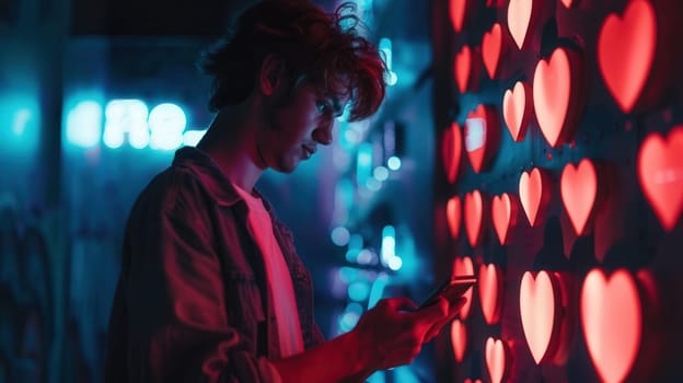 A man interacts with his smartphone, illuminated by glowing heart icons on the wall, creating a vibrant atmosphere in a nighttime digital space.
