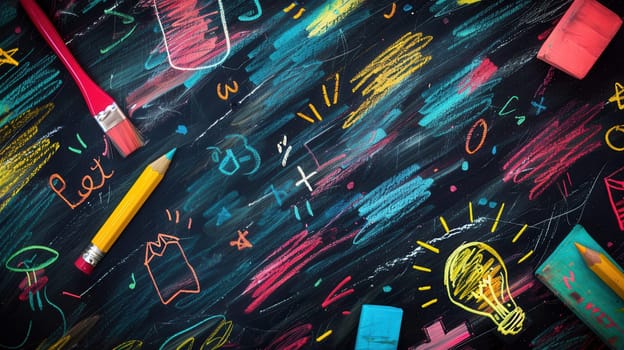 A chalkboard filled with vibrant brush strokes and detailed drawings of globes, rulers, calculators, and lightbulbs captures the spirit of learning.