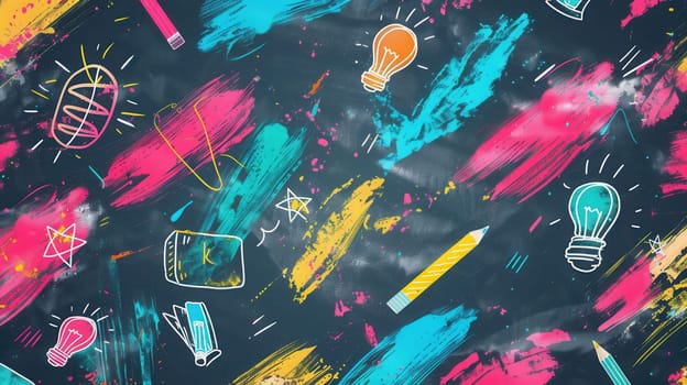 A vibrant chalkboard displays colorful brush strokes with detailed illustrations of classroom essentials like globes, rulers, and pencils enhancing the learning atmosphere.