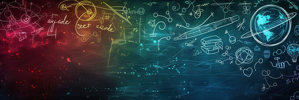A chalkboard displays vibrant spirals and abstract shapes, showcasing creative artistry in a learning environment.