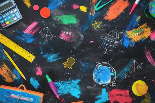 A chalkboard features bright brush strokes and sketches of classroom tools like globes, rulers, pencils, and lightbulbs, creating an engaging learning atmosphere.