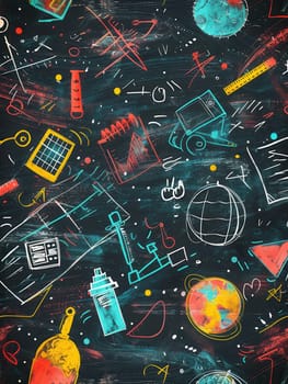 A chalkboard showcases vibrant drawings of globes, rulers, calculators, and other classroom items, enhancing the learning atmosphere.