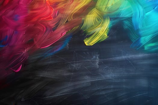 A chalkboard showcases vibrant spirals and abstract shapes created during an engaging art session in a classroom filled with creativity.