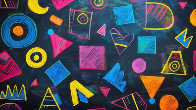 A blackboard displays vibrant geometric shapes and patterns created with chalk, showcasing artistic expression in a learning environment.