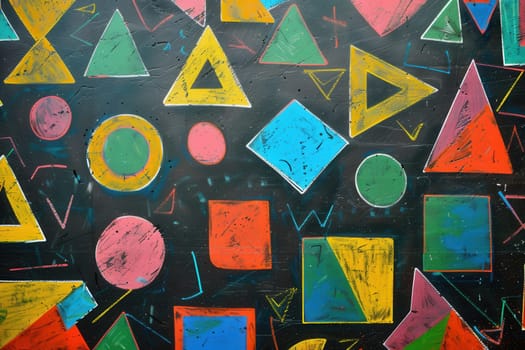 A blackboard displays vibrant geometric shapes and patterns, encouraging creativity and learning in an educational environment.
