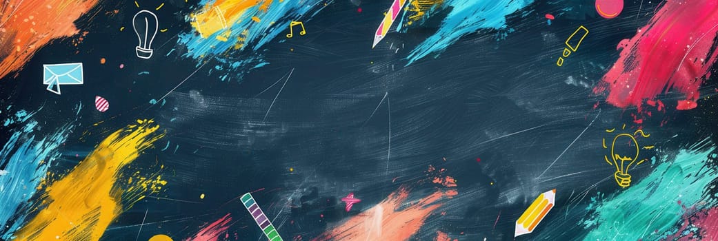 A chalkboard features vibrant brush strokes and detailed sketches of globes, rulers, calculators, pencils, and lightbulbs, creating an engaging classroom atmosphere.