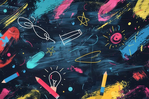 A vibrant chalkboard features colorful brush strokes and drawings of globes, rulers, pencils, and lightbulbs, creating an engaging learning atmosphere.