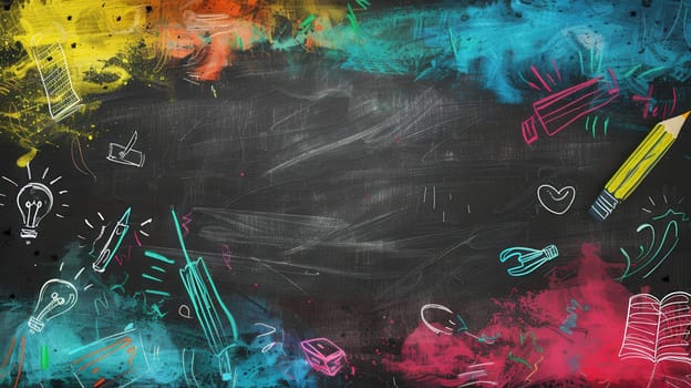 Bright chalkboard features artistic brush strokes with detailed drawings of educational tools, enhancing the classroom environment and inspiring creativity.