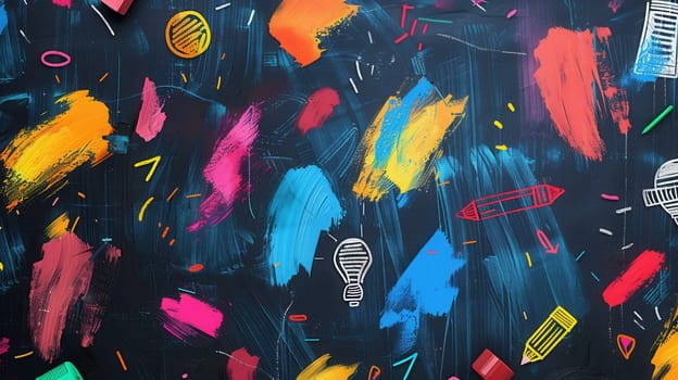 A chalkboard showcases vibrant brush strokes alongside charming drawings of globes, rulers, calculators, and lightbulbs, enhancing the learning environment.