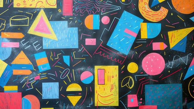 A blackboard displays vibrant geometric shapes and patterns, showcasing creativity in a classroom filled with artistic learning and exploration.