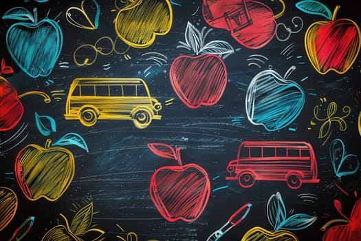 The chalkboard is vibrantly decorated with artistic drawings of school items, creating an engaging and lively atmosphere for learning.
