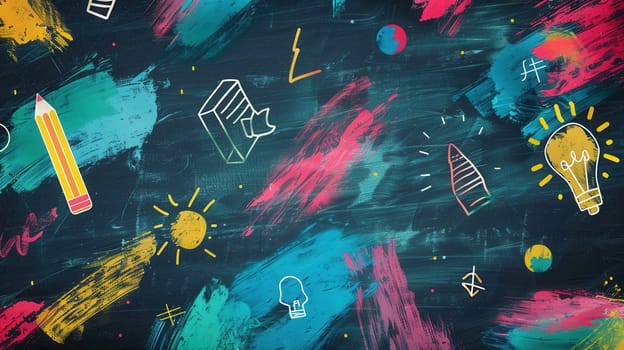 A chalkboard adorned with vibrant strokes and detailed drawings of educational tools like globes, pencils, and lightbulbs, inspiring creativity.