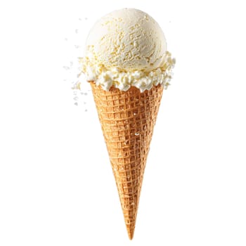 Ice cream scoop in cone with drips and flakes falling off edge Food and culinary. Food isolated on transparent background.