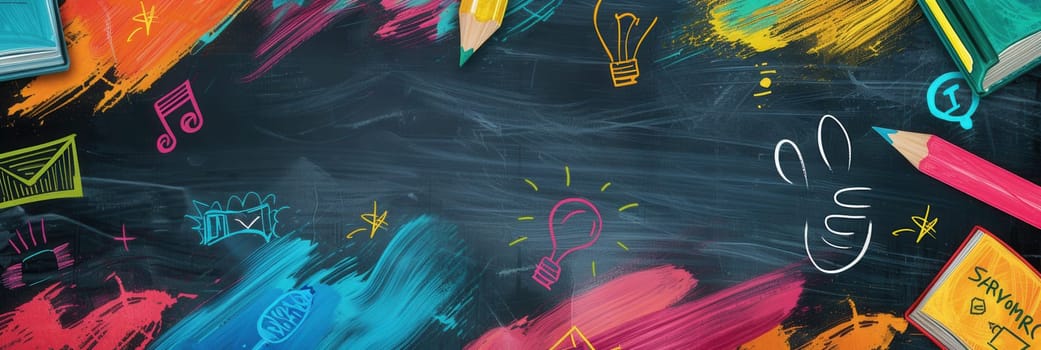 A vibrant chalkboard displays colorful brush strokes and detailed drawings of classroom items, creating an inspiring educational atmosphere.