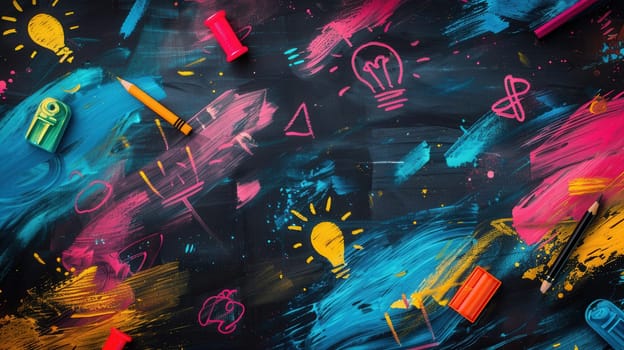 A chalkboard vibrantly decorated with brush strokes and detailed drawings of globes, rulers, calculators, lightbulbs, and pencils.