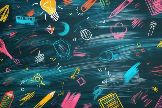 A vibrant chalkboard showcases colorful brush strokes and delightful drawings of various classroom supplies and symbols of learning.
