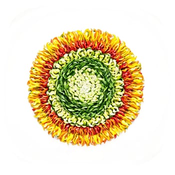 Bell Pepper Mandala colorful bell pepper strips woven into a captivating circular composition steam gently. Food isolated on transparent background.