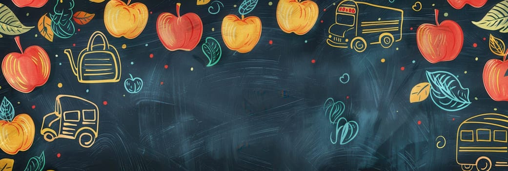The chalkboard features vibrant brush strokes and intricate drawings of educational tools, inspiring creativity in a fun classroom setting.