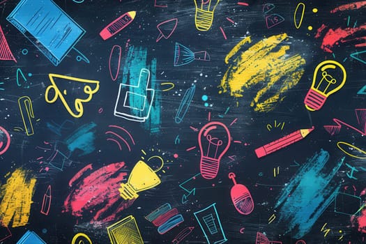 A vibrant chalkboard features colorful brush strokes and detailed drawings of globes, rulers, calculators, pencils, and lightbulbs.