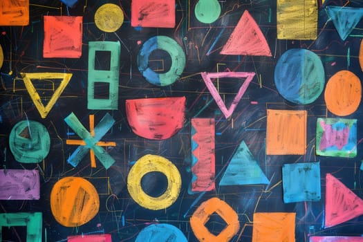 A vibrant blackboard displays an array of colorful geometric shapes and patterns, showcasing creativity in a learning environment.