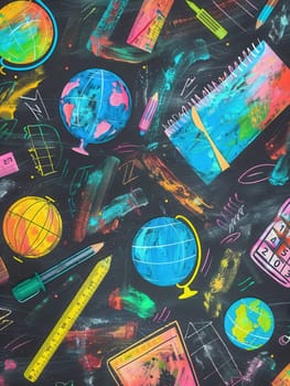 A chalkboard is adorned with vibrant strokes and intricate drawings of globes, rulers, calculators, pencils, and lightbulbs, creating an engaging educational atmosphere.